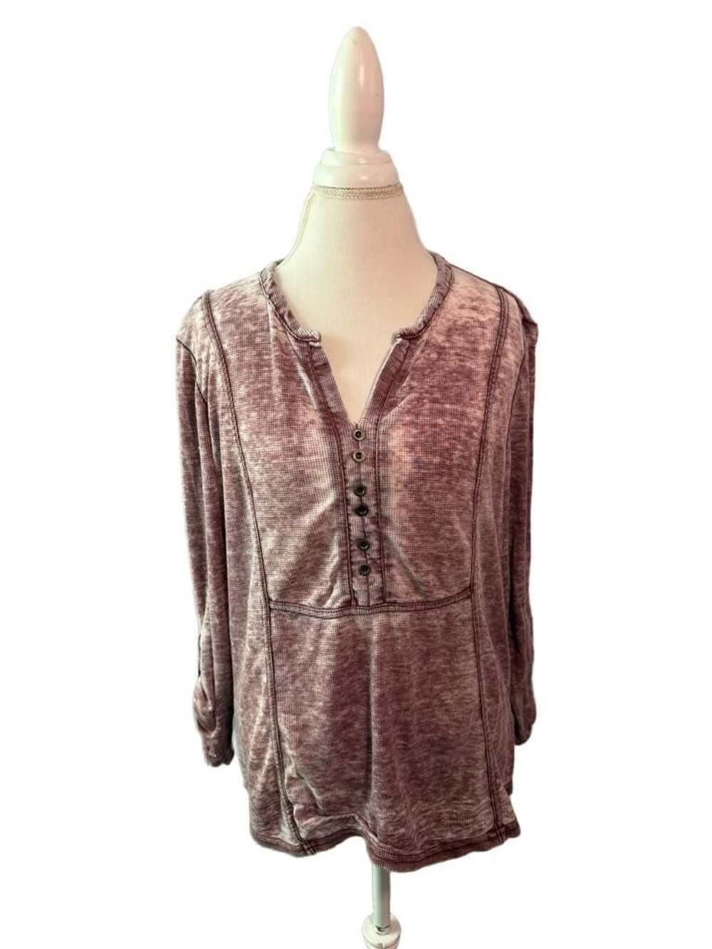 Long Sleeve Top in Mauve Acid Wash and button front